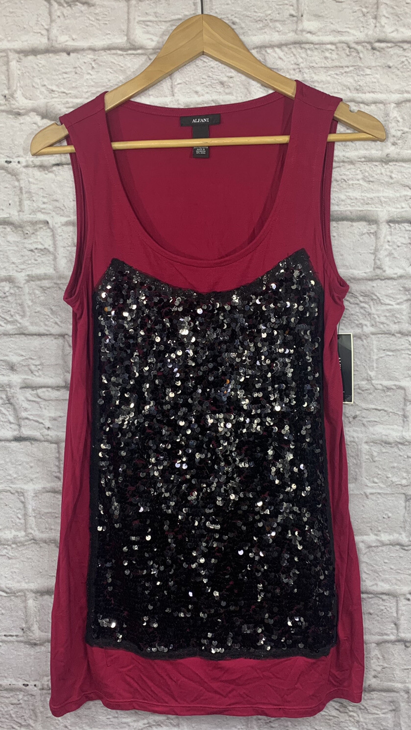 NWT! Alfani Sequin Front Tunic Length Tank Top Cranberry Pink u0026amp; Black  Womens M | eBay