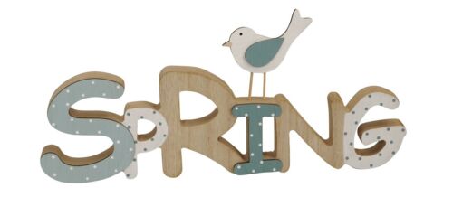 dekorativer Schriftzug Spring Frühling mit Vogel aus Holz in natur-blau-weiß - Bild 1 von 1