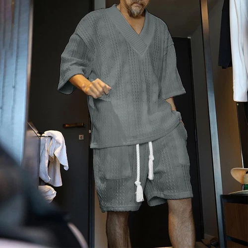 2 Piece Knitted Summer Rolled Sleeve Short sleeve Set Shirt and Shorts Set Men - Bild 26 von 30