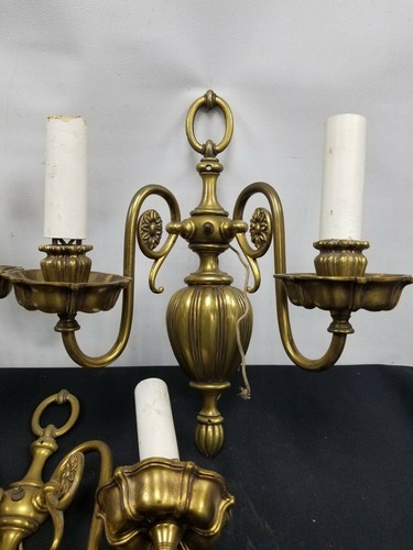 ANTIQUE SET OF 3 GILT BRONZE BRASS FRENCH WALL SCONCES 2 LIGHT - Picture 6 of 12