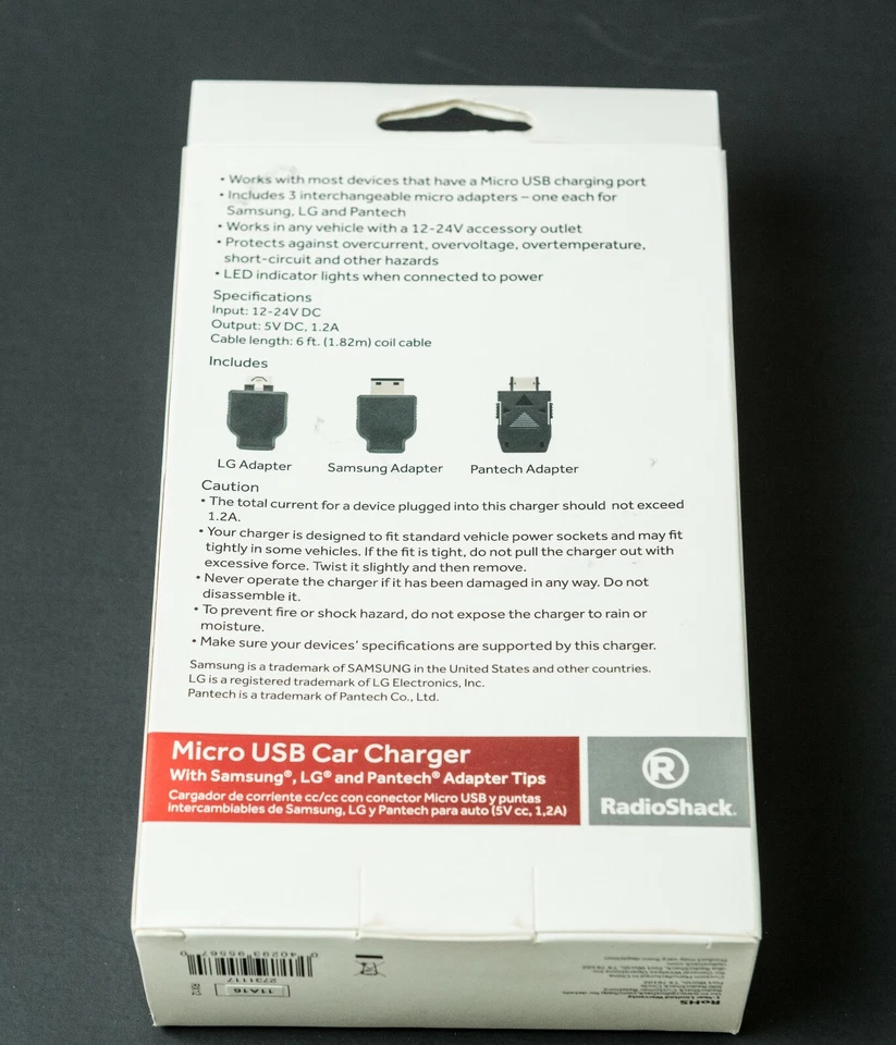  Cargador Micro USB para Coche con USB RadioShack Samsung LG Pantech 2731117 5V 1.2A NUEVO Foto 4 de 4