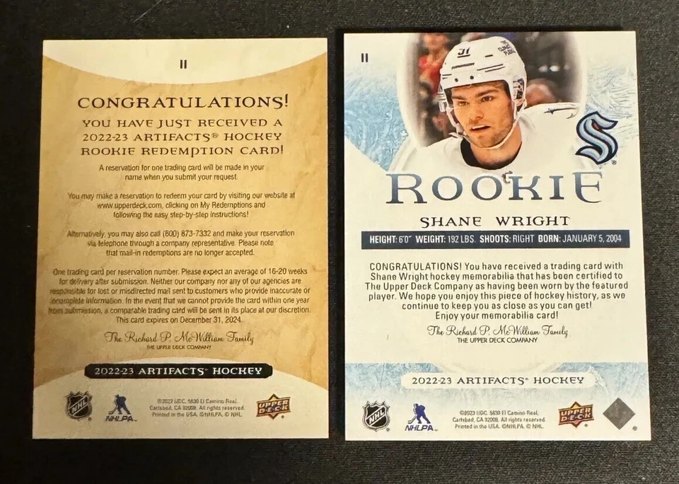 22-23 Artifacts Shane Wright Rookie Emerald II Jersey 14/99 & Redeem II Card Set - Image 2 of 2