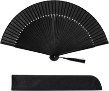 Hand Held Bamboo Silk Folding Fan, Chinese Japanese Handheld Fan with Tassel Woo