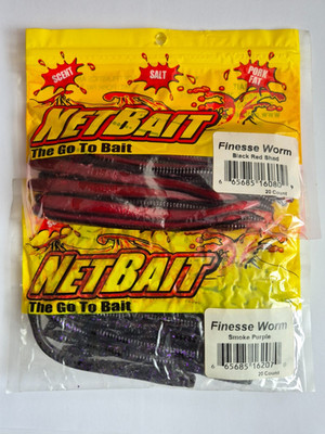 Two Packs Vintage Netbait Finesse Worms - Black Red Shad / Smoke Purple Colors
