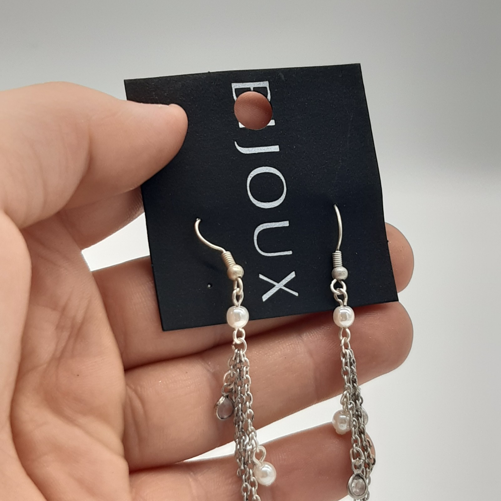Bijoux Silver Tone Multi Strand Dangle Chain Earrings Faux Pearl Clear Charm image 2