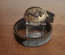 Ed Hardy Leather Belt Double Prone Tiger L 49-43" Vtg BUFFALO Brass Buckle USA
