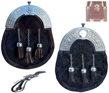 Black/Brown Cowhide Leather Chrome Celtic Cantle Scottish Sporran Leather/Chain