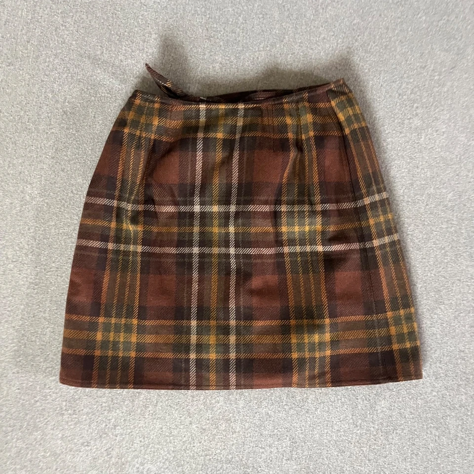 Emmanuel Ungaro Plaid Skirt Women’s Size 6 Brown Wool Blend Wrap Short - Image 2 of 4