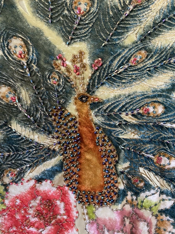 Bufanda o chal con cuentas de terciopelo Burnout flecos de pavo real verde claro boho vintage Foto 2 de 4