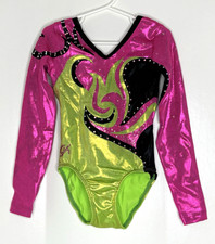 GK Elite CM Gymnastics Leotard Child Medium M Pink Green Black L/S Competition