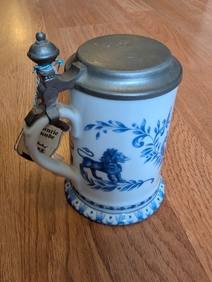 Vintage Kuhr Muhlried German Porcelain Beer Stein Pewter Lid Bavarian Lion Blue
