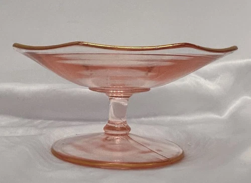Pink Depression Glass Compote /Bowl Gold Rim Great Condition 3” Tall
