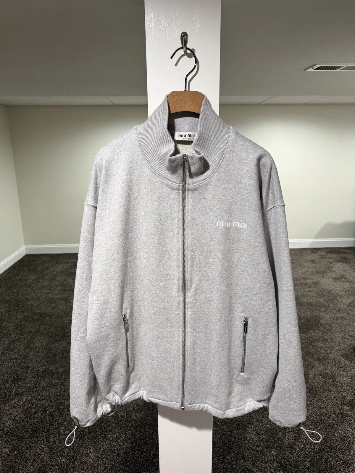 Miu Miu — Miu Miu Oversized Cotton Fleece Gray Full Zipper Sweatshirt