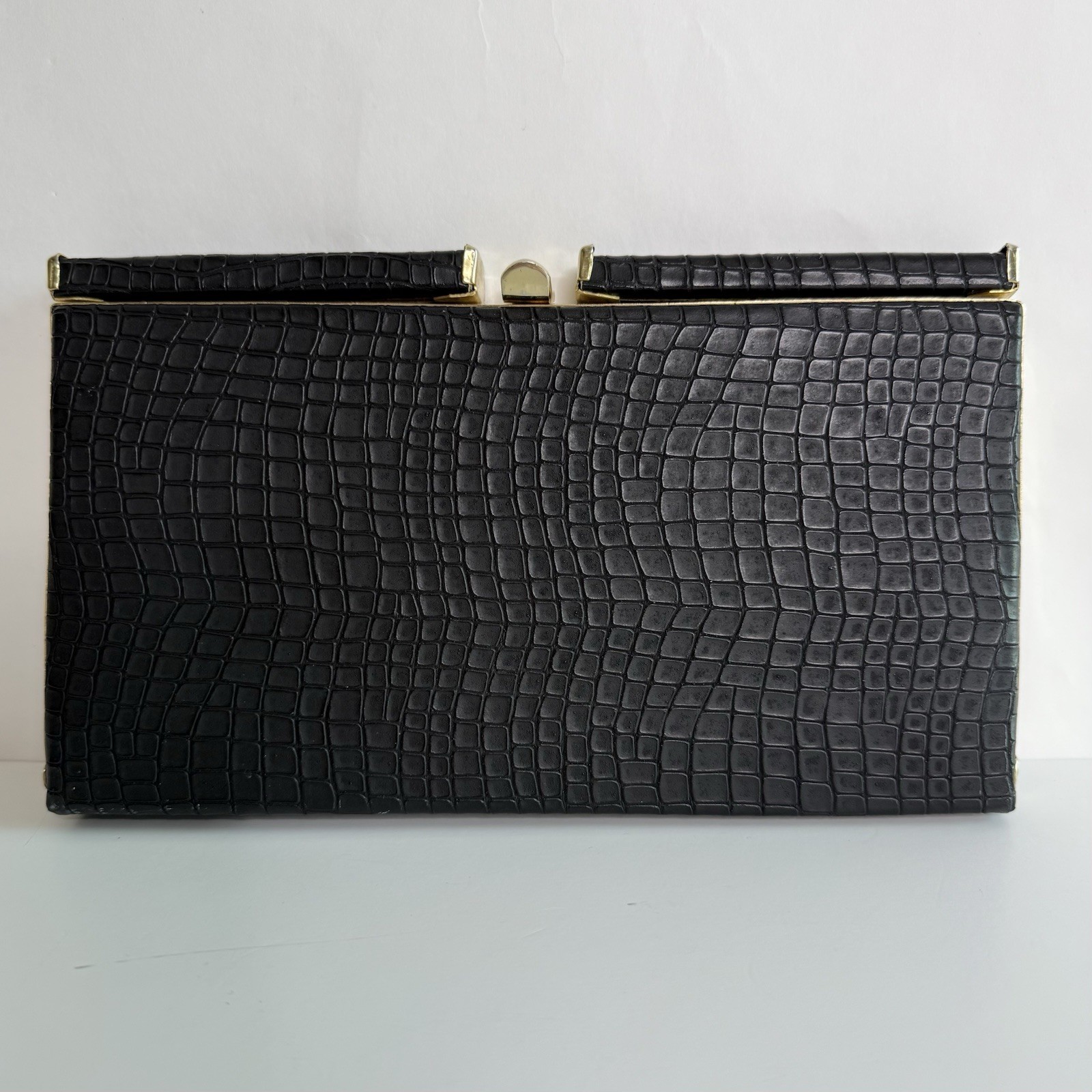 Faux Black Crocodile Embossed Framed Slim Wallet Clutch with Gold Tone Hardware