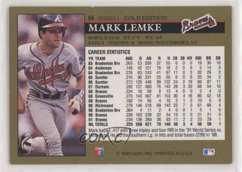 1992 Leaf Gold Mark Lemke #94 - Bild 2 von 4