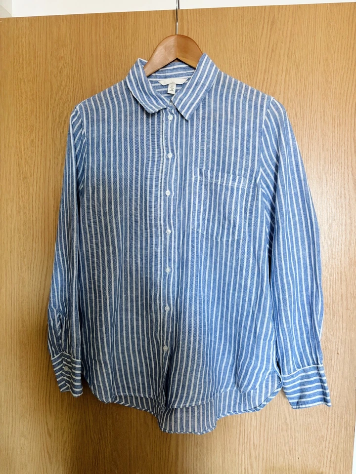 H&M Blue White Stripe Linen Shirt Small 100% Linen Button Front Collar Shirt NEW - Image 2 of 4