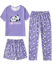 MyFav Girls Pajama Sets 3pcs Top Shorts Long Pants Purple 8Y