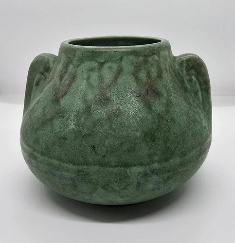 Vintage Art Deco McCoy 1930s Pottery Mottled Green Art Vellum Ear Handle Vase