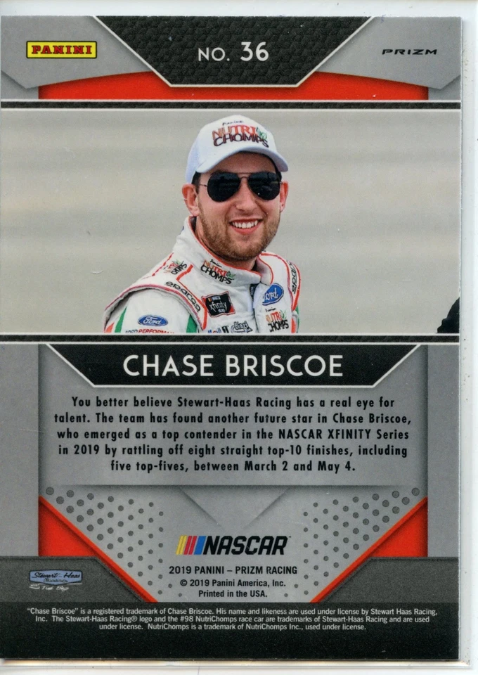 2019 Panini Prizm Racing NASCAR RED WHITE BLUE Prizm #36 Chase Briscoe RC - Image 2 of 2