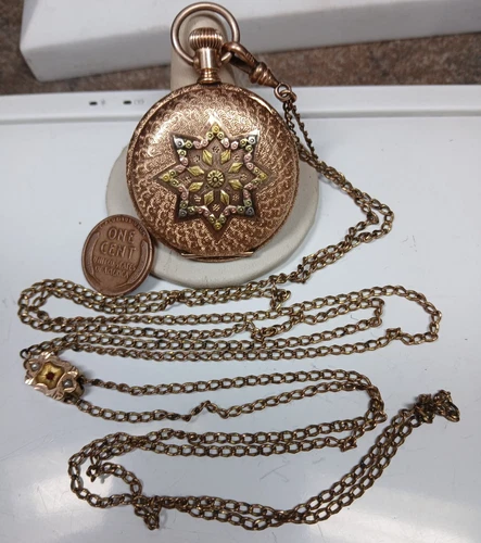 Working Antique 1895 Elgin 109 14K Multicolor GF 0s Pocket Watch with Chain