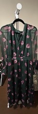 LOFT Green/Pink Floral V-Neck Bell Sleeve Midi Dress, Ruffle Chiffon, M