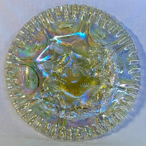 Fenton Art Glass Singleton Bailey Chicken / Rooster Plate In Yellow Carnival