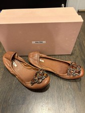 Miu Miu Crystal Stone Flats Leather Ballet Shoes Size 38 Italy