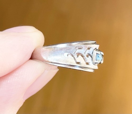 Simulated emerald aquamarine triplet mother Navajo 10k solid white gold ring - Picture 8 of 10