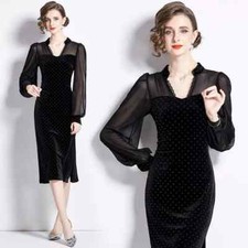 Tubino Vestito Abito Donna Elegante Manica Lunga Nero Velluto Raso 87116