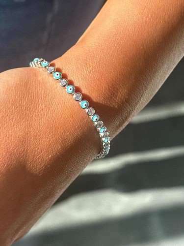 Platino Plata de Ley Esmalte Azul Evil Eye Safiro Blanco Tenis Brazalete - Imagen 10 de 17