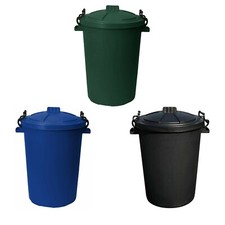 3 x Plastic 50L Dustbin Storage Heavy Duty Locking Lids, Dark Green Blue & Black