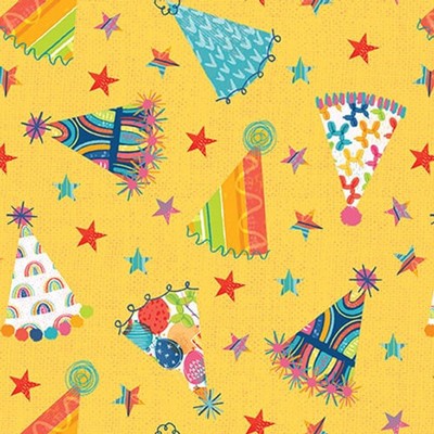 Birthday Party Hat Fabric Yellow Lets Eat Cake Blank Quilting Cotton By The Yard
