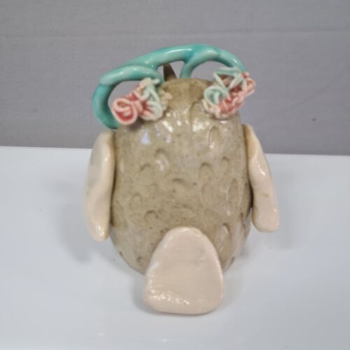 Vintage Owl Glasses Bowtie Clay Glaze Pottery 6cm 2.5 Inch Figure Signed - Picture 3 of 6