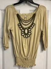 M By M. Kalan Top Small Beige Elastic Waist Beaded Shirt Soft Blouse
