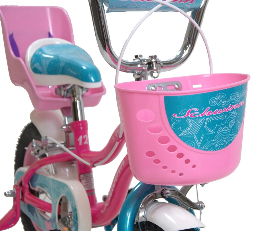 Schwinn 12" Wheel Girls Bike With Stabilisers Dolly Seat Basket Age 3+ Pink Blue - Image 3 of 4