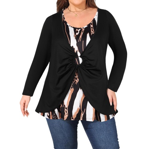 PLUS SIZE ⭐Women Leopard Crew Neck Tunic Tops Long Sleeve Casual T Shirt Blouse - Picture 3 of 17