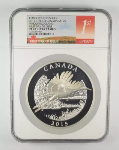 PF70 UCAM 2015 Canada 125 Dollars Whooping Crane 1/2 Kilo Silver FDOI NGC *3534