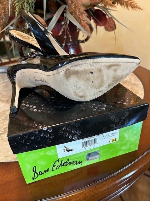 Sam Elderman, Hastings Black Faux Patent Leather Slingback Pumps