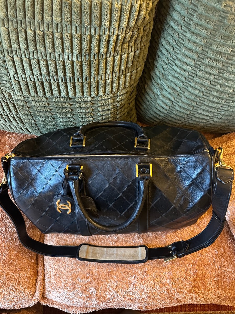 Authentic Chanel Black Quilted Lambskin Boston Duffle Bag with