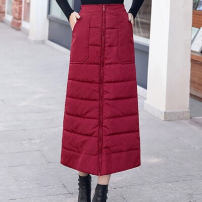Ladies Thick Down Quilted Zipper Skirt High Waist Windproof Warm Pencil Winter