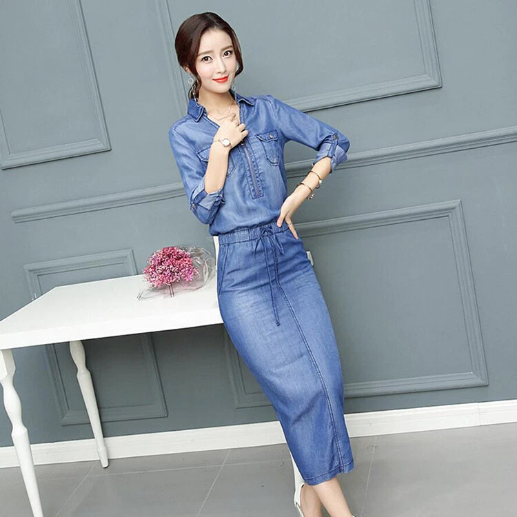 New Chic Womens Vintage Denim Slim Shirt Dress Skirt Sleeveless Jeans Long Dress