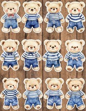 Blue Striped Teddy Bear Die Cut Stickers Set Scrapbooking Laptop Waterbottle