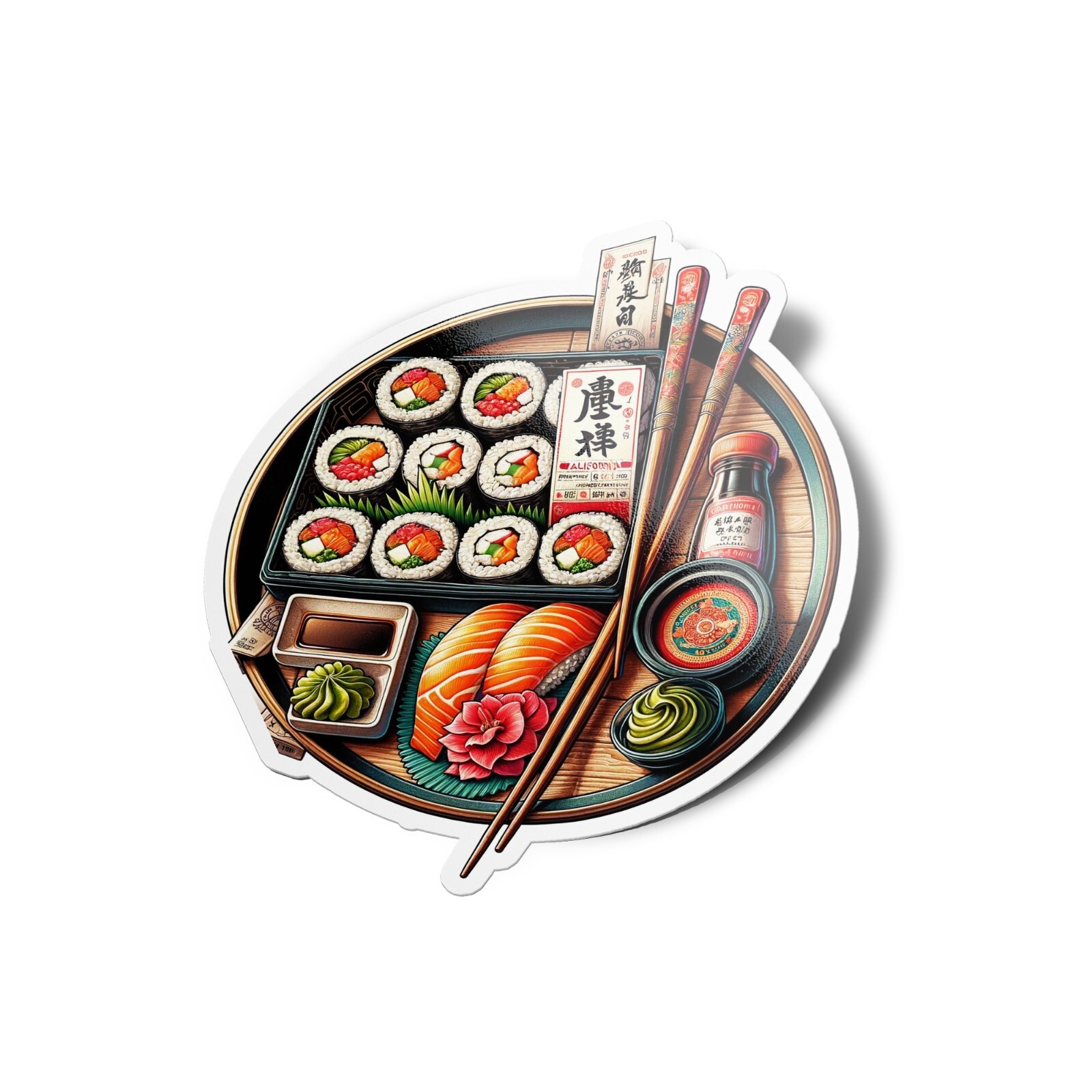 Pack 5 AUTOCOLLANTS STICKERS Boite rond sushi california rolls japonais soja 9cm
