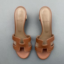 HERMES H OASIS SANDALS IN GOLD BROWN LEATHER SHOES MULES SLIDES HEELS 38