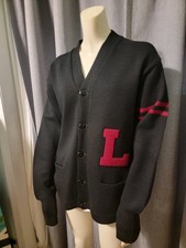 Vtg Varsity Letterman Cardigan Sweater 50s Black Red L Lesley Knitting Co Wool