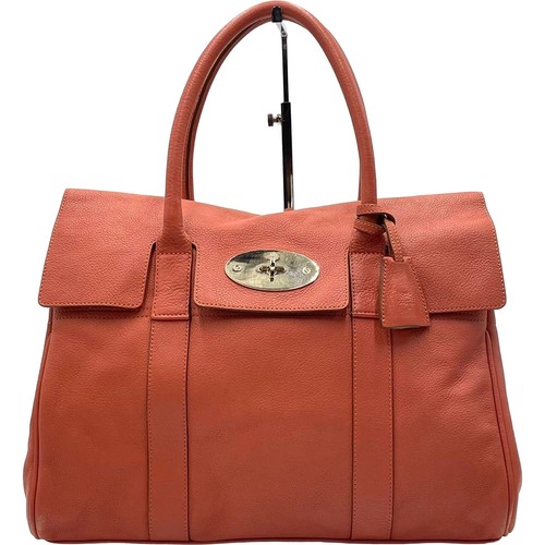 Mulberry Bayswater Tote Bag Leather Orange Turn Lock Handbag Dust Bag Auth Japan