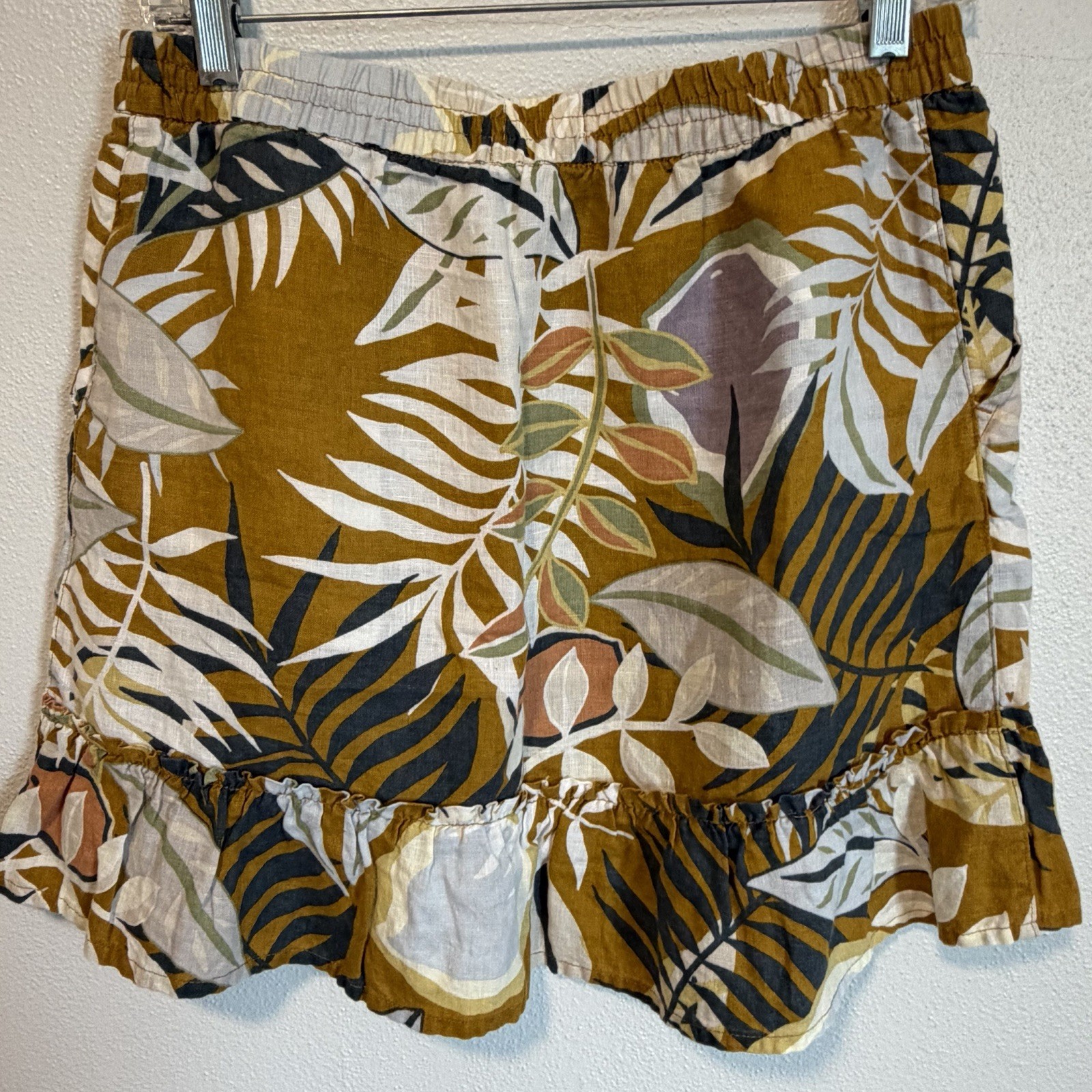 100% Linen Mini Skirt Womens S Tropical Earthy Elastic Waist Ruffle Hem Boho