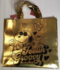 PEANUTS “Feelin Groovy” GOLD METALLIC Set 2 SNOOPY Reusable BAGS 19.5X17.5” NWT