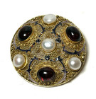 Estate Enamel Sterilng Vermeil Etruscan Round Pendant/Brooch W/Garnets & Pearls — photo 2