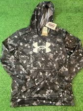 NWT Boys Under Armour Big Logo Gray And White BlackLoose Fit Hoodie Youth L - 45